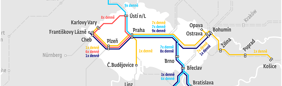 Mapa nasazení moderních jednotek ČD od 14. 12. 2025